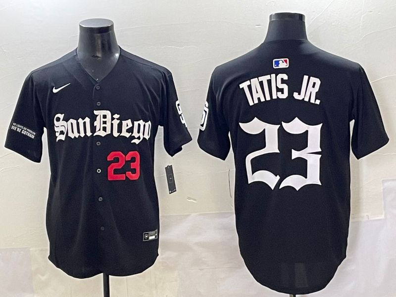 Men 2025 San Diego Padres #23 Tatis jr Black Five generations Joint Name Nike MLB Jersey style 7